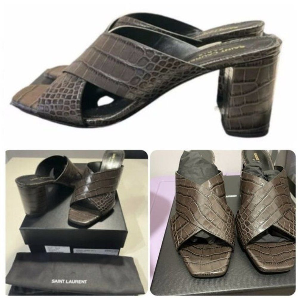 Saint Laurent  Mule Sand Cocco Mint Ultra Grey Size 38 1/8